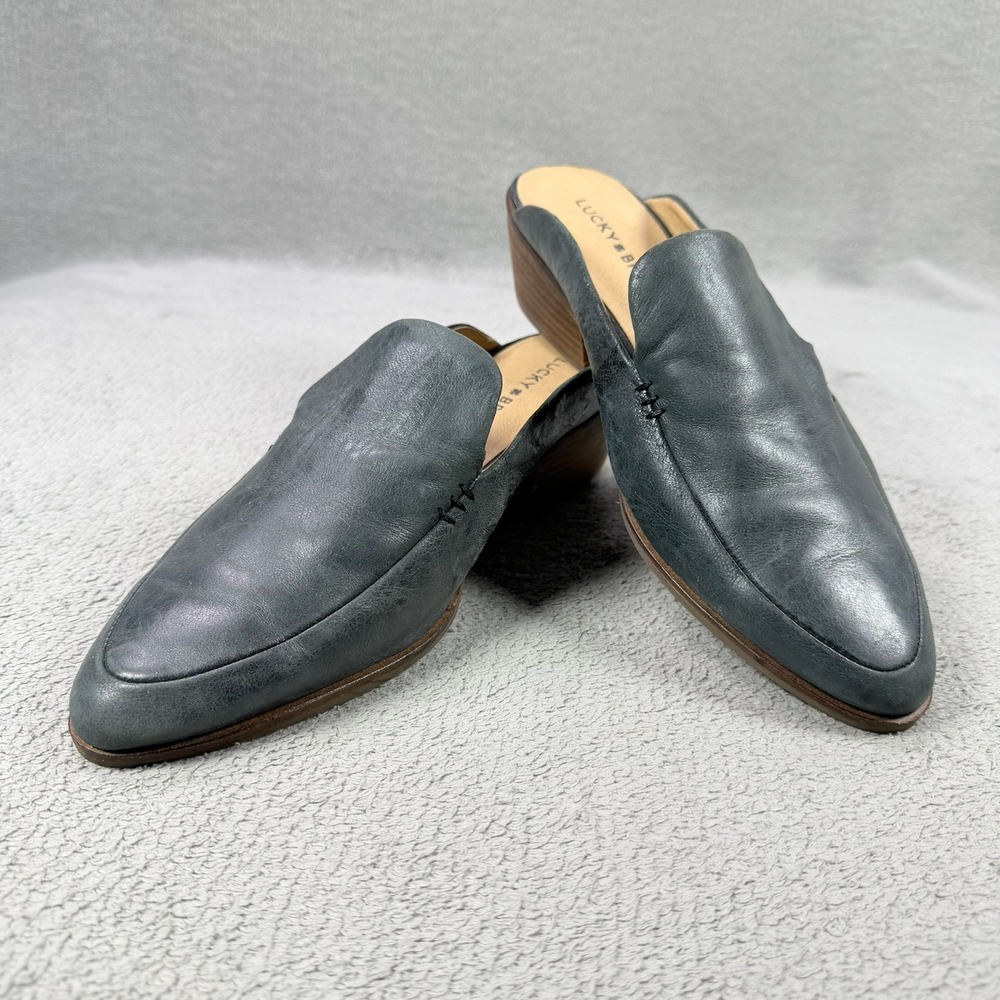 Lucky Brand Womens 8.5 Gray Leather Margrete Pointed Toe Stacked Heel Mules Shoe